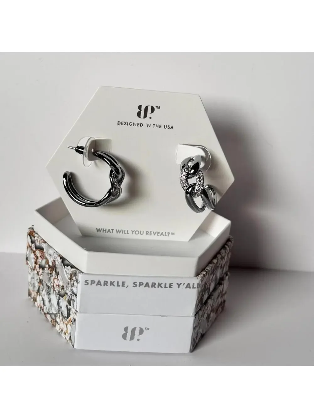 Bomb Party April Hoop Earrings “We Love The Details” Clear CZ on Hematite